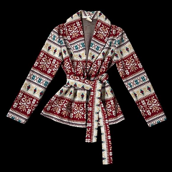 Vintage Cardigan Jacket 1970s Jane Colby USA Aztec Belted Maroon Teal Medium - Picture 2 of 8